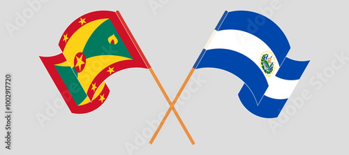 Crossed and waving flags of Grenada and Republic of El Salvador. Vector illustration