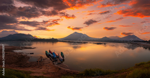 Mekong river and mountain scenery in the morning,Kaeng Khut couple scenery, Chiang Khan, Thailand,View of Kaeng Khut Khu Chiang Khan District, Loei Province, Thailand photo