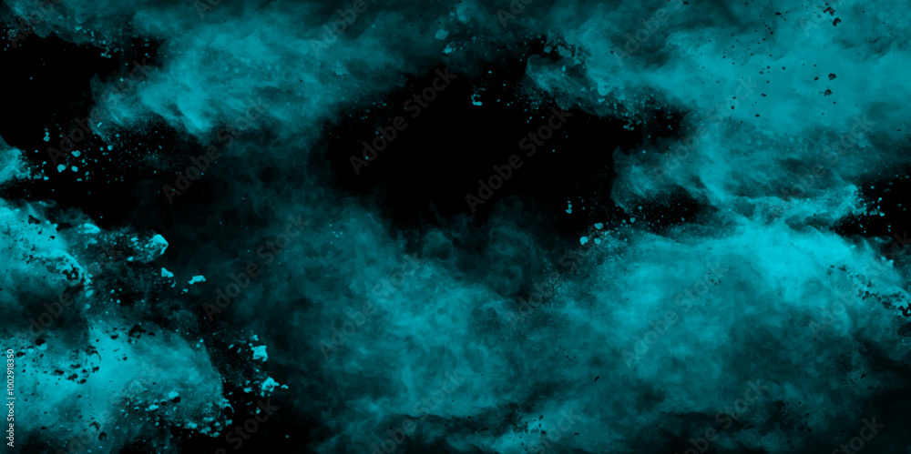 Fototapeta premium Abstract sea green watercolor hand painted art victor illustration. Dark green painted smoky textured teal color powder explosion. Black and Green Smoke background elegant luxury space with stars.