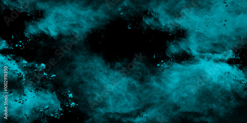 Abstract sea green watercolor hand painted art victor illustration. Dark green painted smoky textured teal color powder explosion. Black and Green Smoke background elegant luxury space with stars.	
