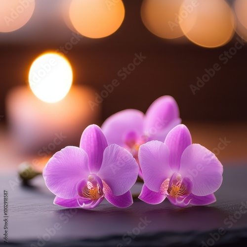 Three vibrant purple orchids with soft bokeh background and candlelight.