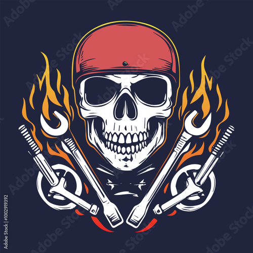 Flaming Skull with Wrench and Motorcycle Parts