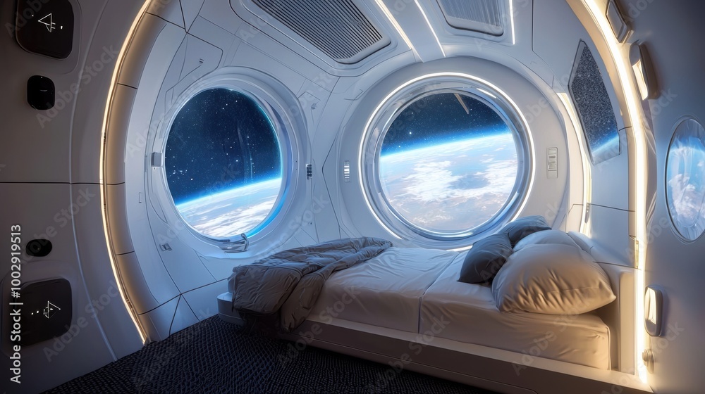 Futuristic Spacecraft Cabin Offering Breathtaking Cosmic Views Through Panoramic Windows Futuristic Spacecraft Cabin Offering Breathtaking Cosmic Views Through Panoramic Windows