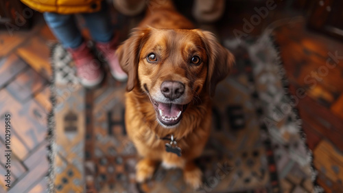 Cute brown labrador dog sitting on the doorstep of the house.