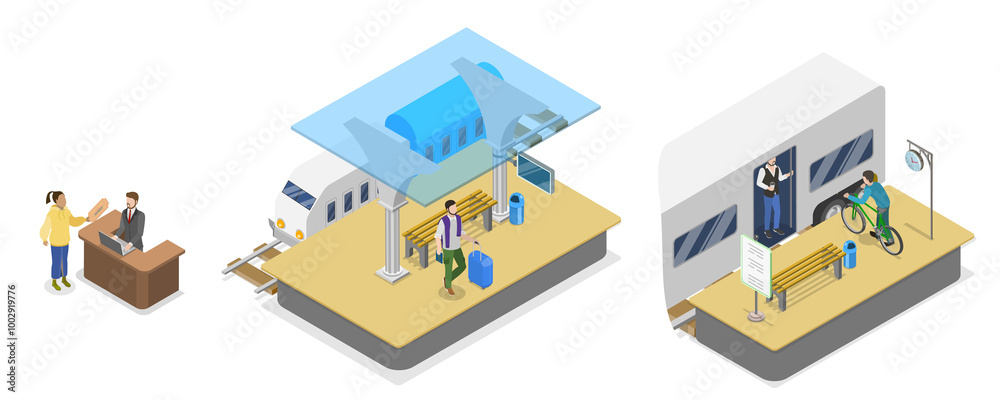 3D Isometric Flat Illustration of Railway Station , Train Platform 3D Isometric Flat Illustration of Railway Station , Train Platform