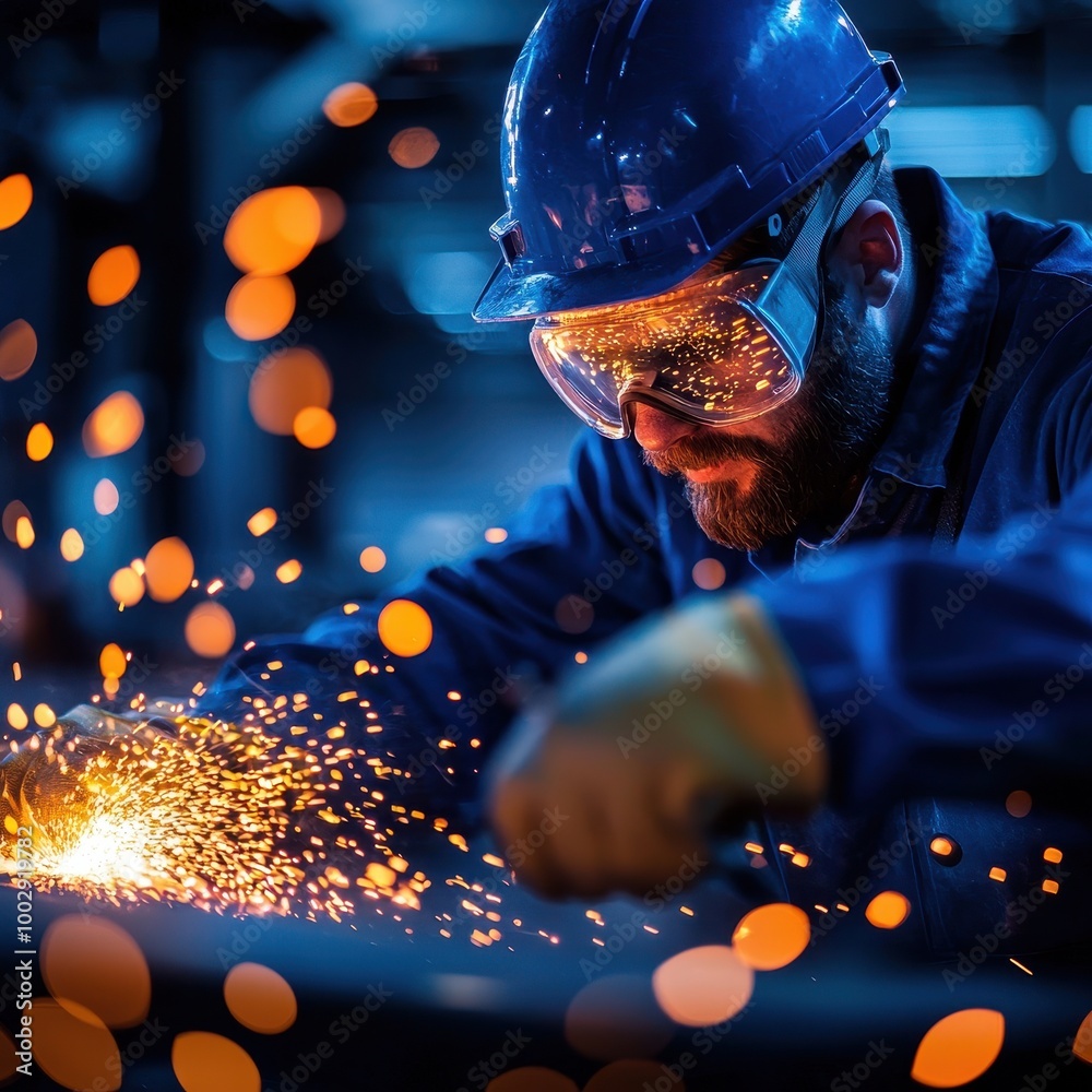Welder working in a factory, sparks flying, focus on craftsmanship and safety. Welder working in a factory, sparks flying, focus on craftsmanship and safety.