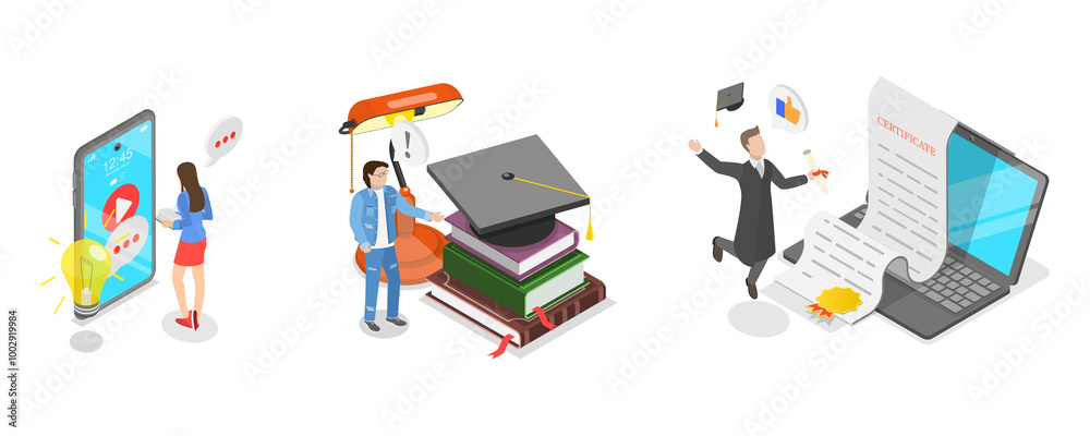 3D Isometric Flat Illustration of Education, Student Learning Process 3D Isometric Flat Illustration of Education, Student Learning Process