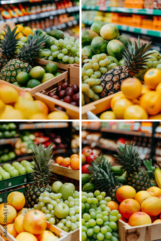 Racks in grocery with fresh healthy fruits and vegetables in a supermarket. Racks in grocery with fresh healthy fruits and vegetables in a supermarket.