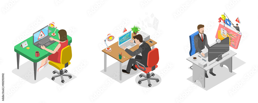 Fototapeta premium 3D Isometric Flat Illustration of Computer Network Attack, Cybersecurity, Digital Information Protection