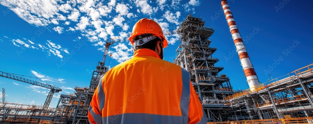 Worker in safety gear observing industrial site with blue sky. Worker in safety gear observing industrial site with blue sky.