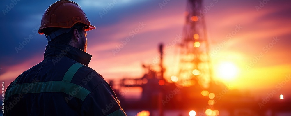 Worker observing oil rig at sunset, silhouetted against vibrant sky.