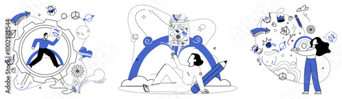 Corporate strategy vector illustration. Development is fertile soil where roots strategic intelligence absorb nutrients progress Success is trophy awarded to organizations crossing finish line