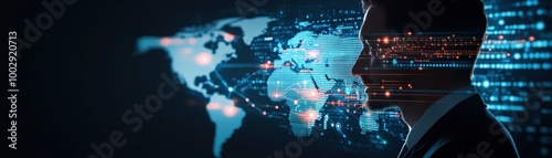 A silhouette of a business professional against a digital world map, illustrating global connections and technology innovation.