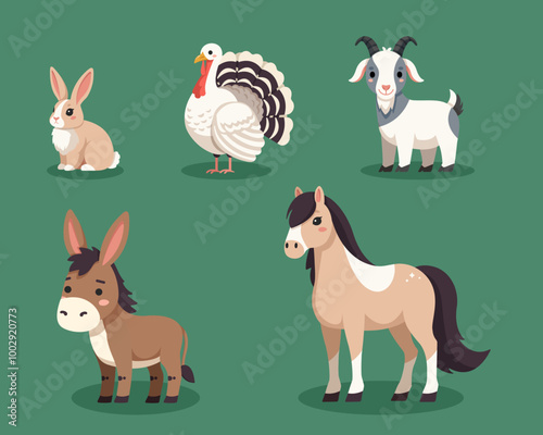 Set of vector cute farm animals rabbit turkey goat donkey horse