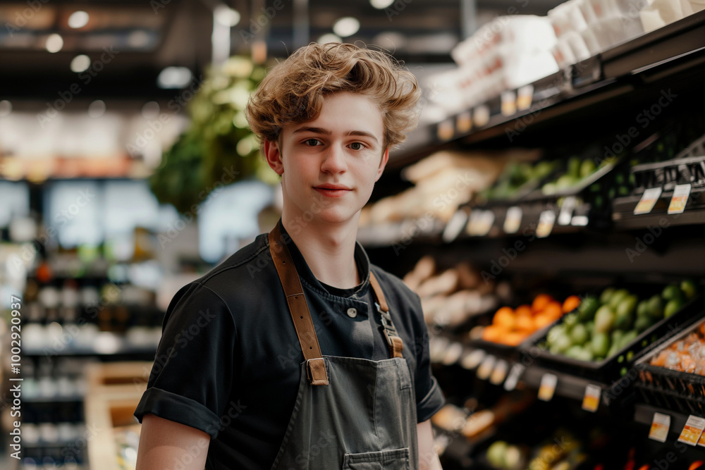 Young male supermarket employee in front of racks in grocery or a supermarket.
