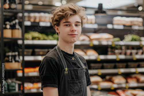 Young male supermarket employee in front of racks in grocery or a supermarket.