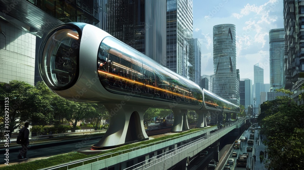 Futuristic elevated monorail train gliding through a modern city skyline Futuristic elevated monorail train gliding through a modern city skyline