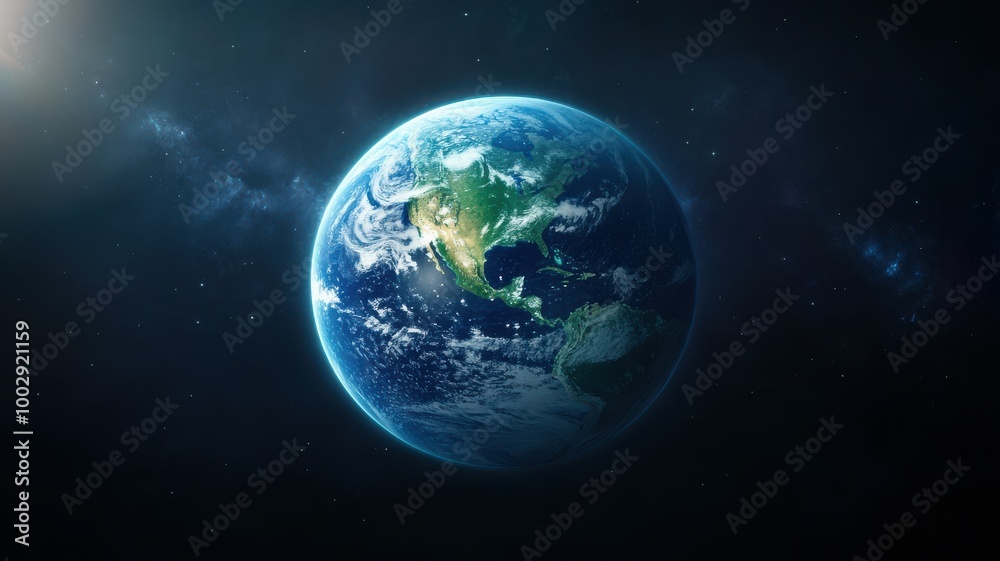 Fototapeta premium A stunning view of Earth from space, showcasing vibrant lands and clouds against a dark cosmic backdrop.