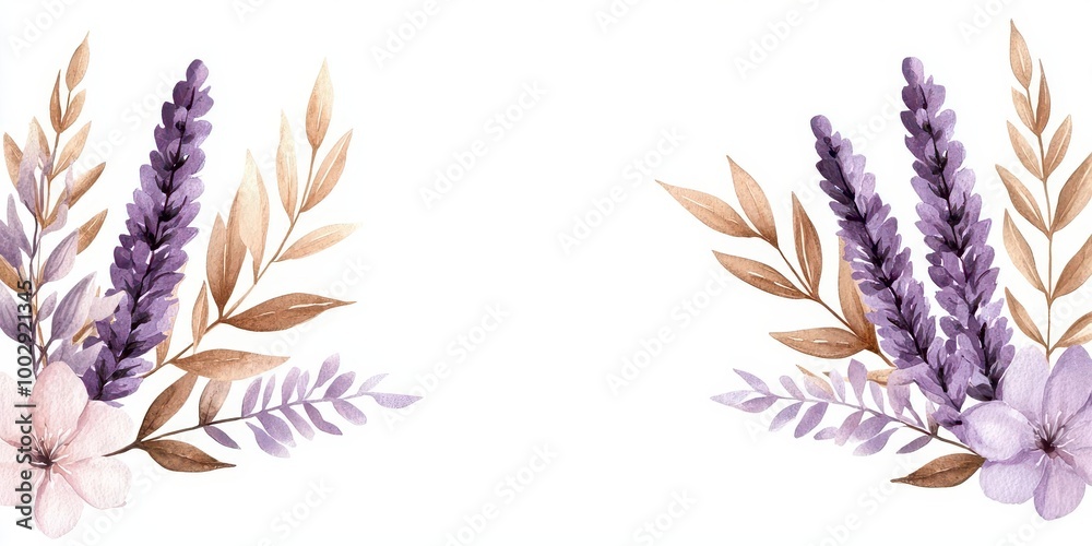 Delicate floral arrangement featuring lavender and soft leaves, perfect for backgrounds and decoration in various designs. Delicate floral arrangement featuring lavender and soft leaves, perfect for backgrounds and decoration in various designs.