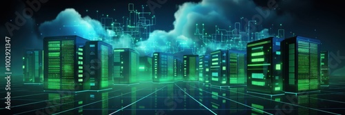 Futuristic data center with glowing green lights and digital cloud connections.