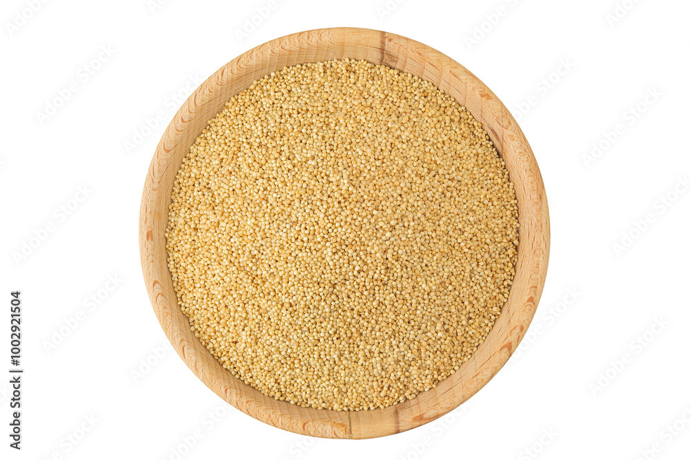 Amaranth grain seeds in wooden bowl isolated on white background. Top view. Flat lay Amaranth grain seeds in wooden bowl isolated on white background. Top view. Flat lay