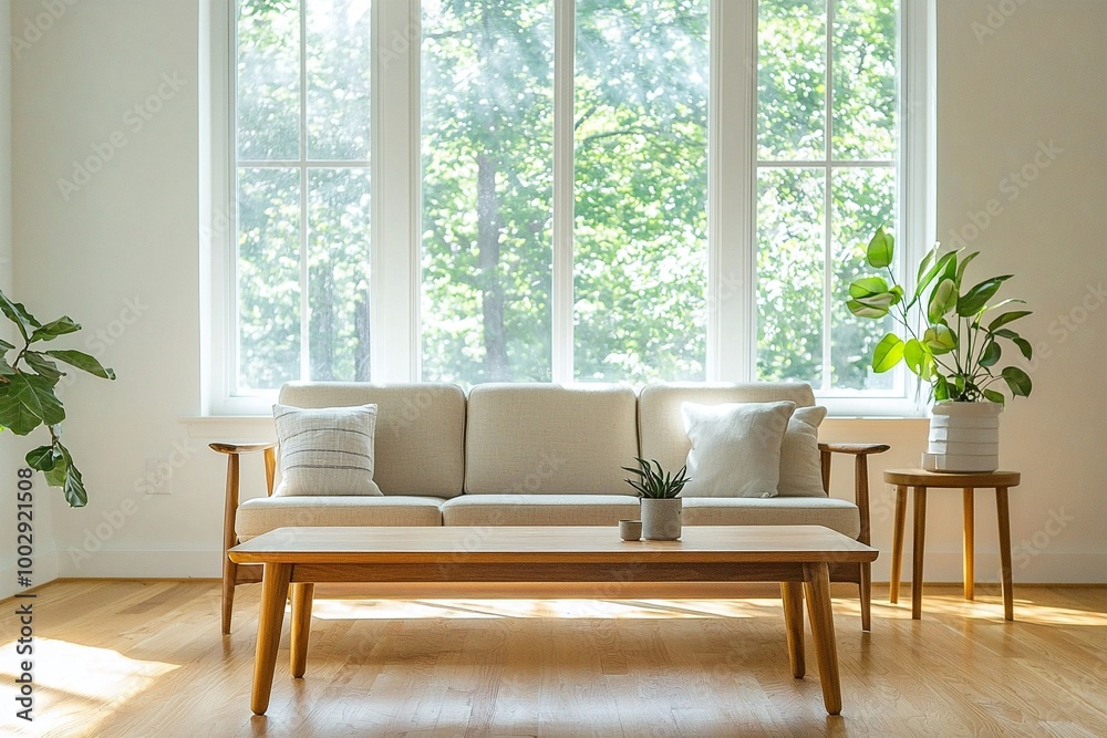 Fototapeta premium A photo of a mid-century modern interior in a country house living room with large windows. Generative AI 