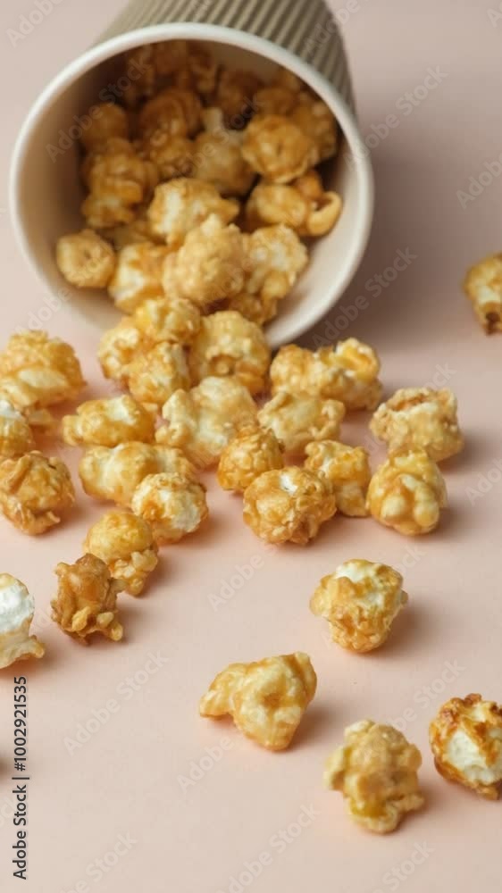 Sweet caramelized popcorn spilling out of glass, beige background, vertical slow motion. Sweet caramelized popcorn spilling out of glass, beige background, vertical slow motion.