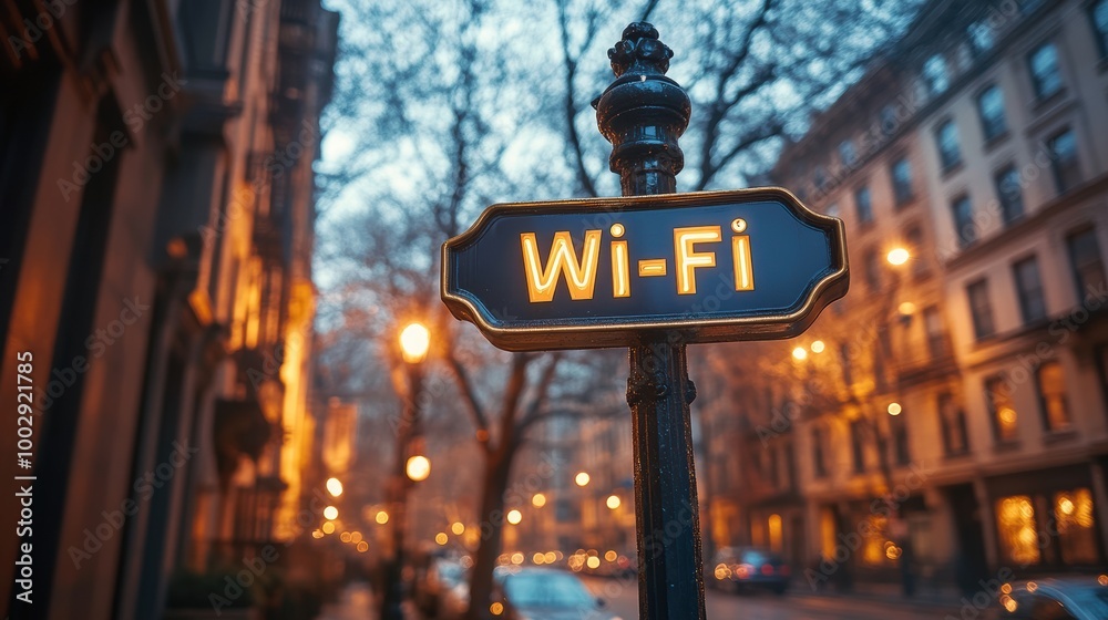Obraz premium A detailed image of a vintage-style Wi-Fi signpost illuminated in a cozy urban setting, surrounded by beautifully lit buildings and a calm evening atmosphere