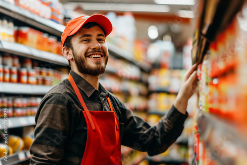 Young male supermarket employee in front of racks in grocery or a supermarket.