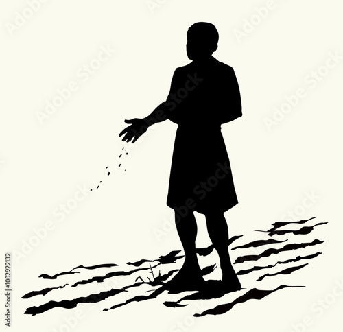 Vector drawing. A man sowing wheat