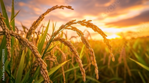 夕焼けと黄金に輝く稲穂1