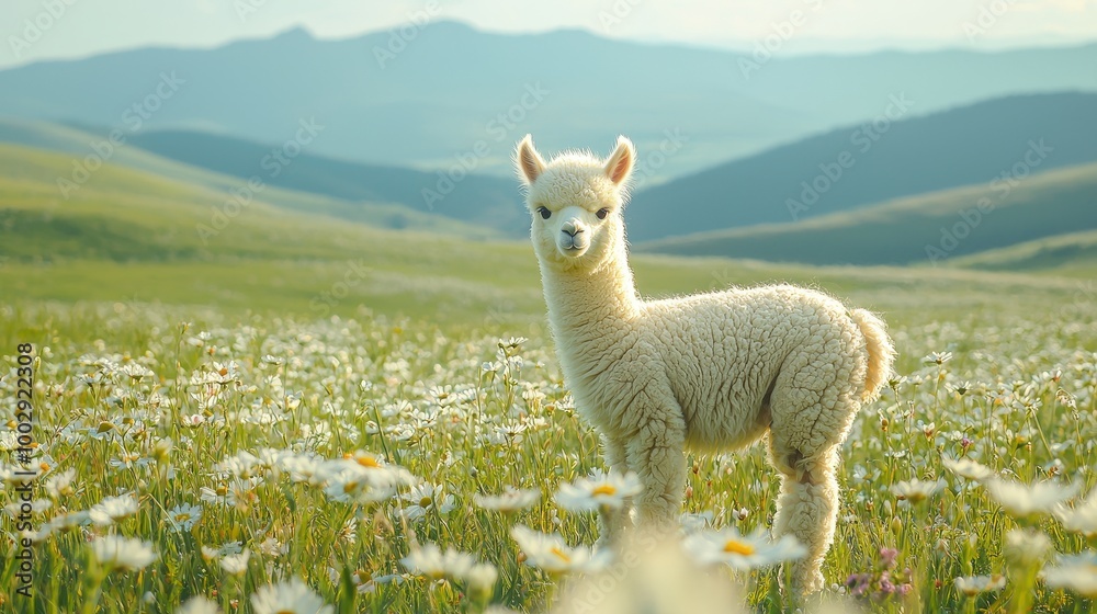 Fototapeta premium Serene Alpaca Foal in Grassy Meadow with Mountain View | Ample Copy Space