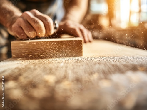Close-up of a craftsman hand planing wood, showcasing precision and skill in woodworking with flying shavings in soft lighting.