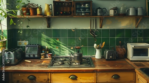 An antique wooden kitchen counter with a current toaster photo