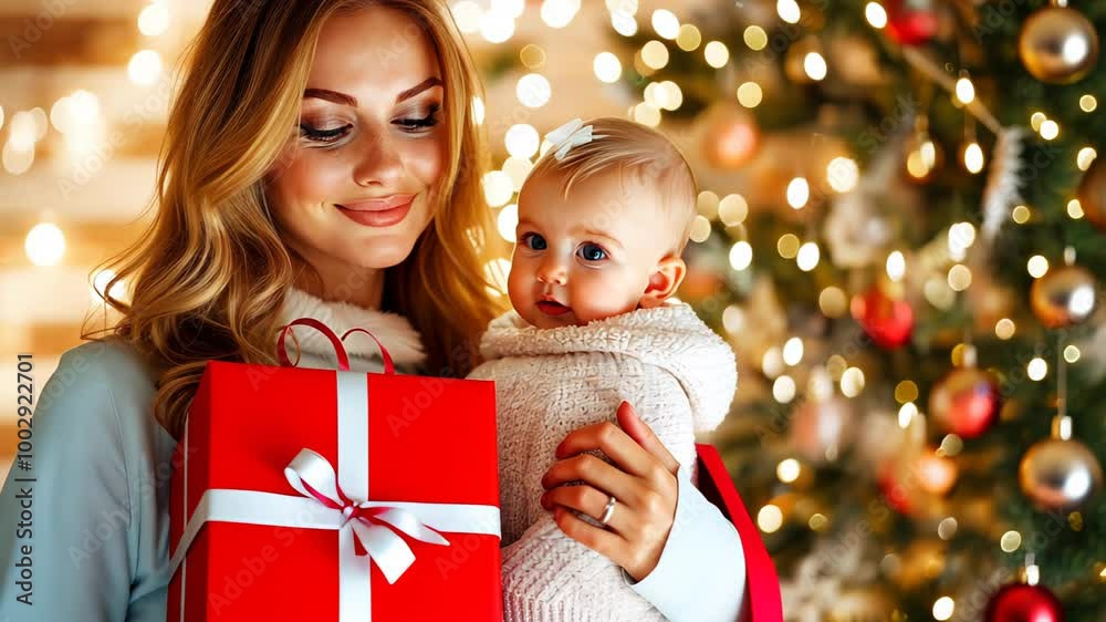A joyful mother holds her baby and a gift in front of a decorated Christmas tree at home A joyful mother holds her baby and a gift in front of a decorated Christmas tree at home