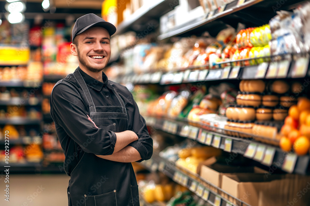 Male supermarket employee in front of racks in grocery or a supermarket. Male supermarket employee in front of racks in grocery or a supermarket.