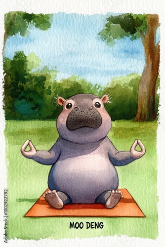 A calm hippo practicing yoga on a mat in a serene outdoor setting. photo