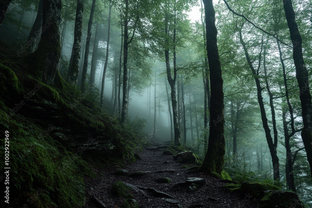 Naklejka premium A captivating image of a mysterious forest path enveloped in mist, flanked by towering trees and lush greenery, evoking a sense of adventure and discovery.