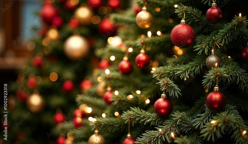 Christmas tree decoration with red and gold ornaments and lights, blurred background, copy space