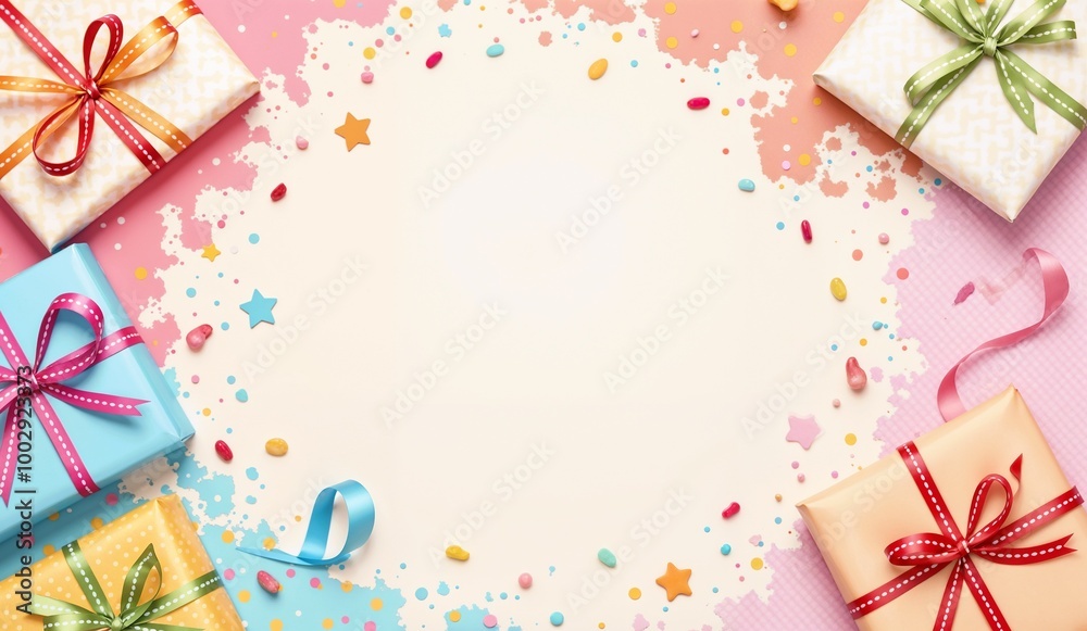 Colorful gift boxes with bows and confetti on a festive background with copy space Colorful gift boxes with bows and confetti on a festive background with copy space