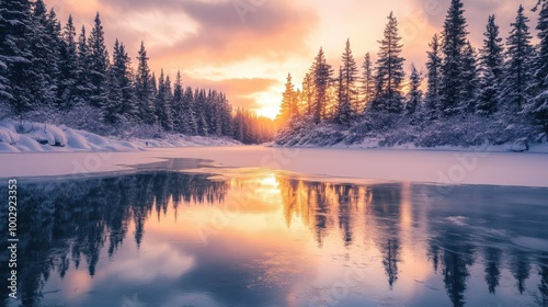 The setting sun casts warm colors across a tranquil frozen lake, while snow-covered trees line the banks, creating a serene winter landscape at dusk