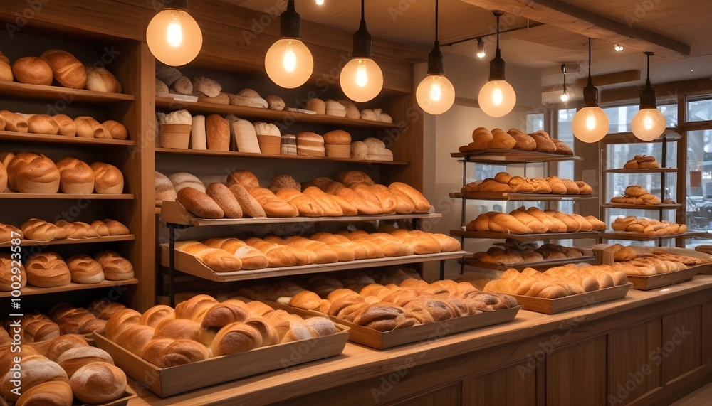 A bakery display with various freshly baked breads, pastries, and other baked goods . The display is set against a warm, cozy interior with wooden shelves, hanging lamps, and a busy atmosphere A bakery display with various freshly baked breads, pastries, and other baked goods . The display is set against a warm, cozy interior with wooden shelves, hanging lamps, and a busy atmosphere