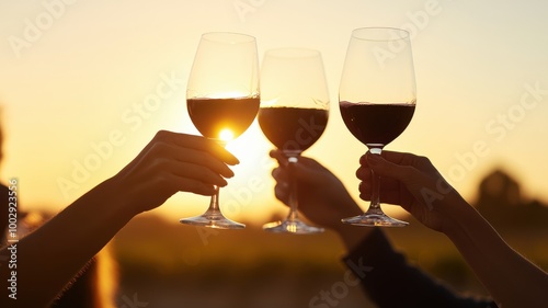Three glasses clink together at sunset, symbolizing friendship, celebration, and joy in a serene outdoor setting.