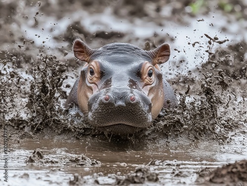 Close-up of a playful hippopotamus splashing mud in a muddy pond, showcasing its impressive aquatic abilities and joyful behavior.