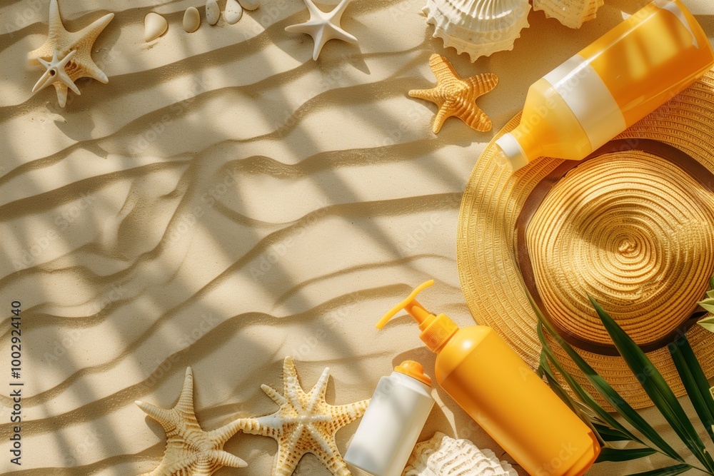 Fototapeta premium A beach scene with a hat, sunscreen, and other beach items