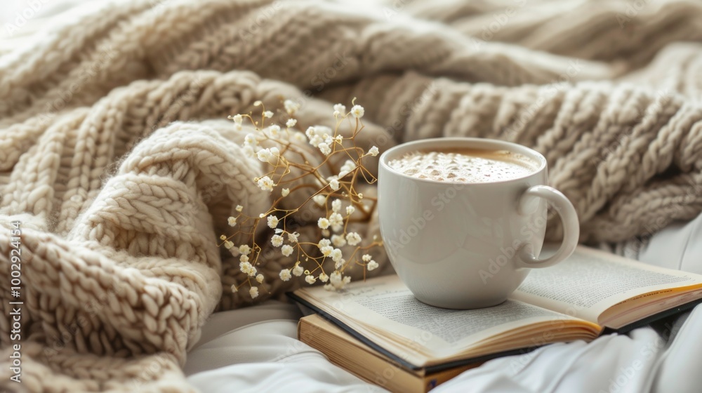 Cozy lifestyle setup with coffee, books, and a warm blanket, neutral tones with clear copy space, perfect for creating relaxing or lifestyle cards Cozy lifestyle setup with coffee, books, and a warm blanket, neutral tones with clear copy space, perfect for creating relaxing or lifestyle cards