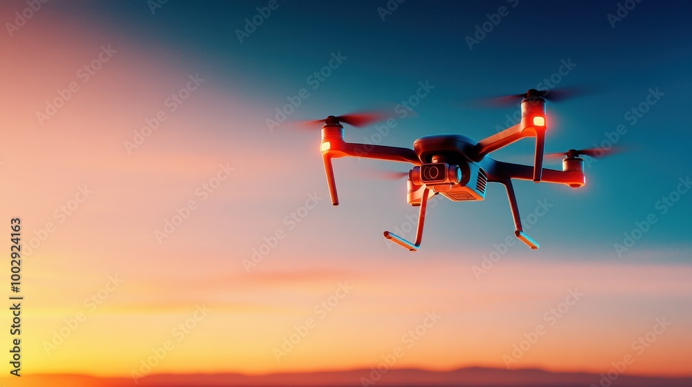 Drone in Flight at Sunset Over Remote Landscape Drone in Flight at Sunset Over Remote Landscape