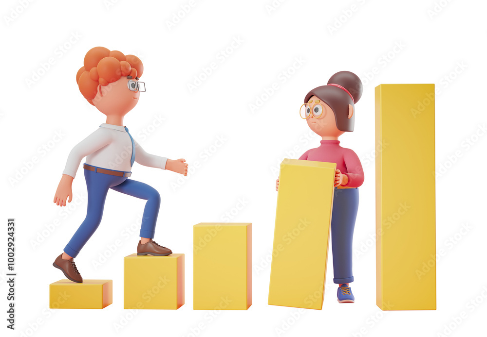 Two 3D characters interacting with yellow bar graphs on a white background. Concept of business growth and teamwork. 3D Rendering Two 3D characters interacting with yellow bar graphs on a white background. Concept of business growth and teamwork. 3D Rendering