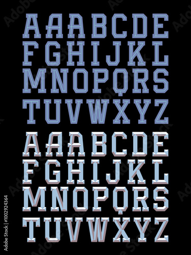 Narrow varsity block Letters with a solid flat vector version, with an inline inset, and 3D shadow and highlight bevel treatment.