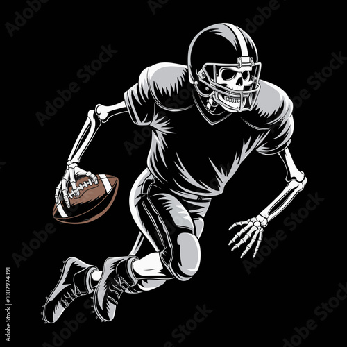 A t-shirt design with a black background. There is a skeleton in a dynamic mid-air pose, dressed in a full American football uniform